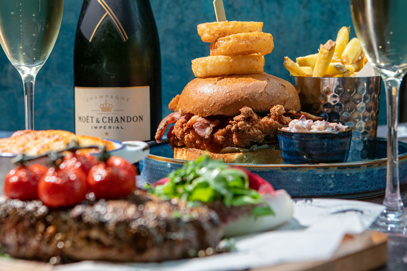 Delicious food and champagne in Harper's Steakhouse Southampton